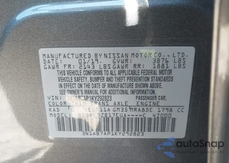 2019 Nissan Sentra Sv from USA, damaged, VIN 3N1AB7AP1KY292823